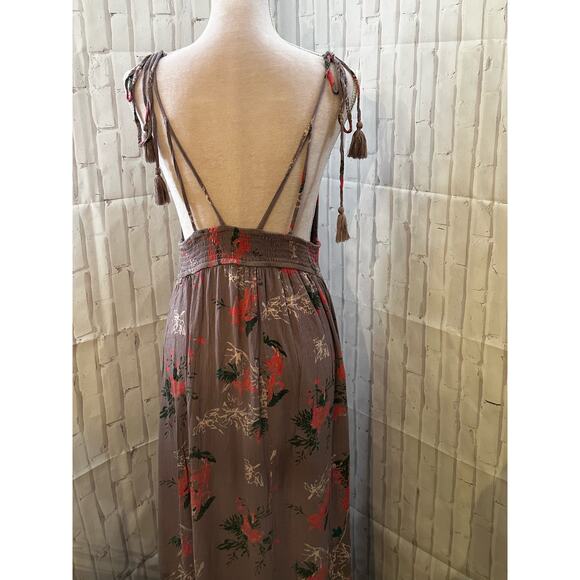 In Creme Floral Print Gemini Smocked Tie Shoulder Maxi Dress Sz L - Picture 9 of 9